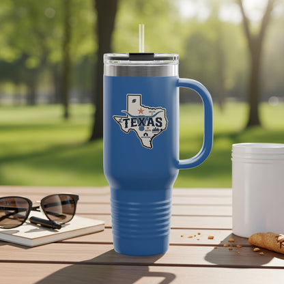Travel mug with Texas outline and text.