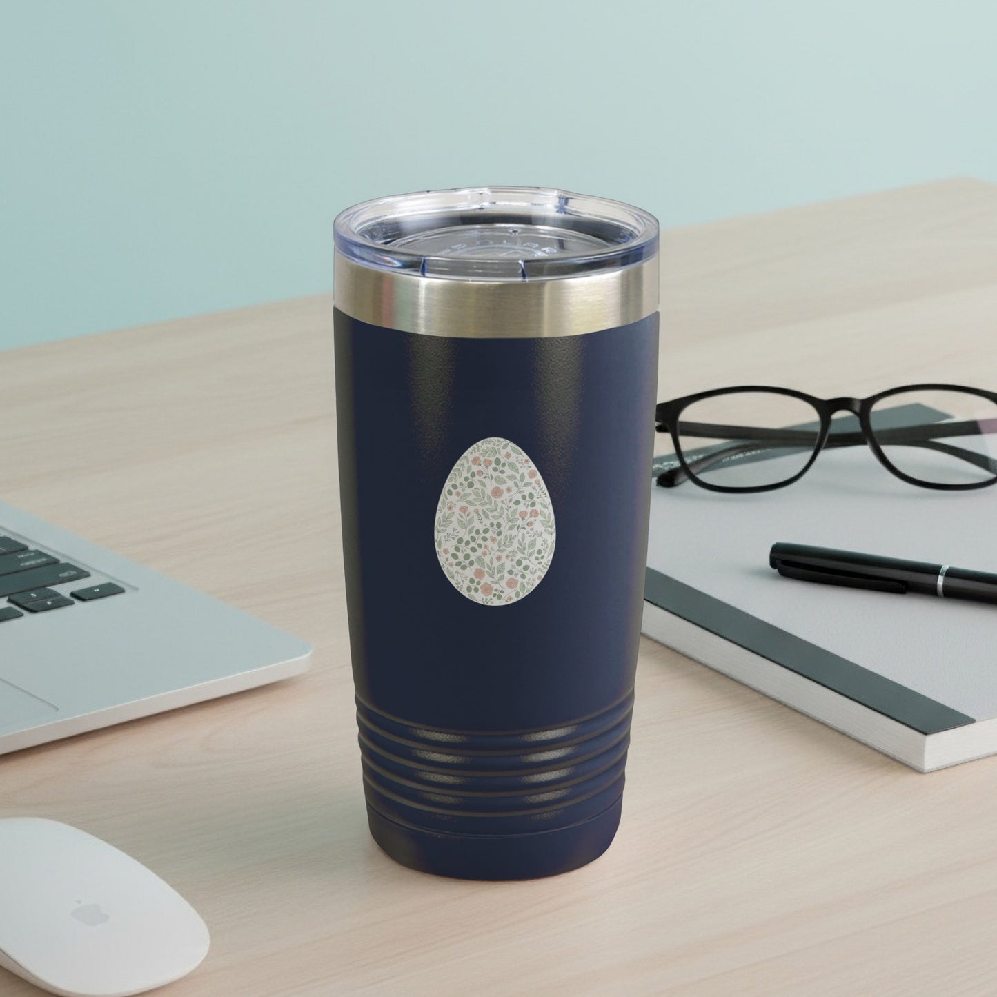 Floral Egg Design Navy Blue Insulated Travel Tumbler