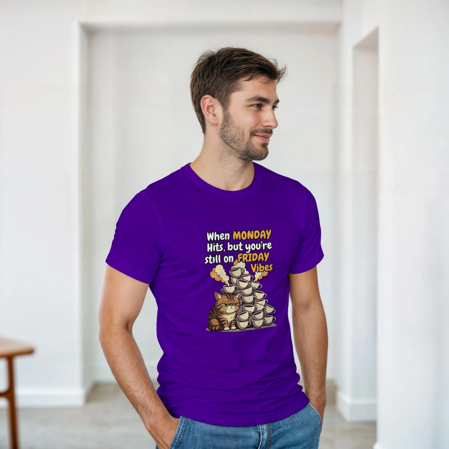 When MONDAY Hits, But You're Still On FRIDAY Vibes Cat on a Heavyweight T on a shirt