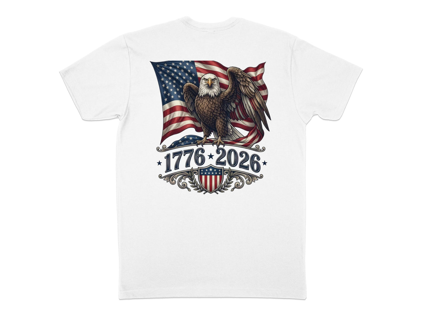 Eagle and US flag graphic with "1776-2026" text and patriotic shield.