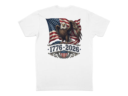Eagle and US flag graphic with "1776-2026" text and patriotic shield.