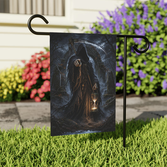 Grim Reaper with scythe and hourglass points finger forward in dark graveyard scene.