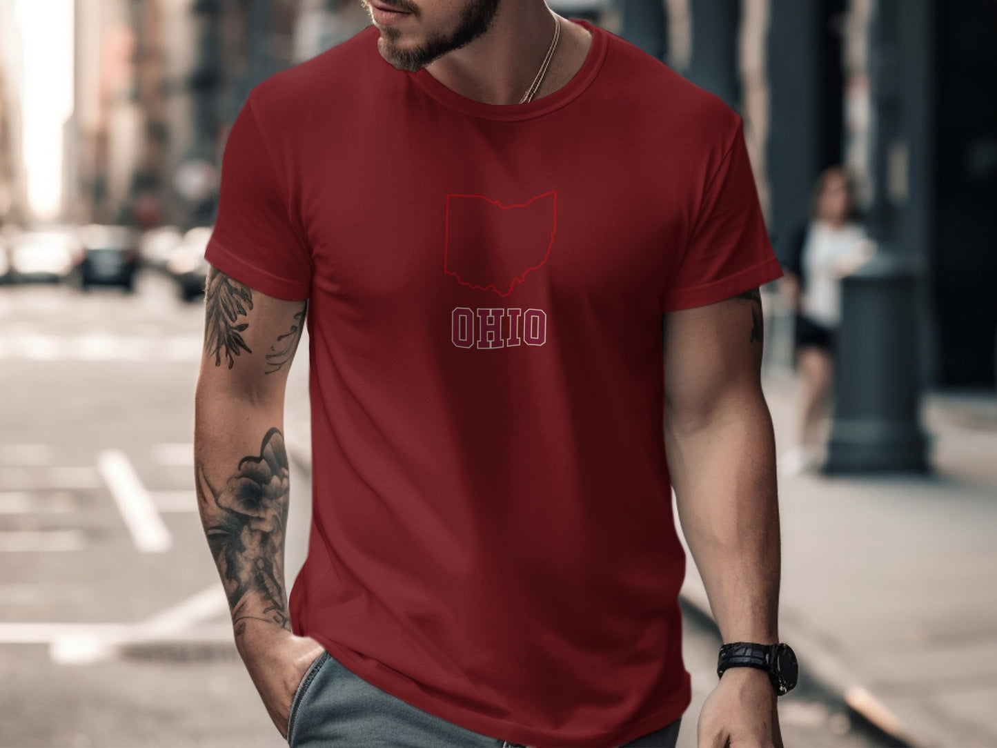 Red t-shirt with white "OHIO" text and state outline.