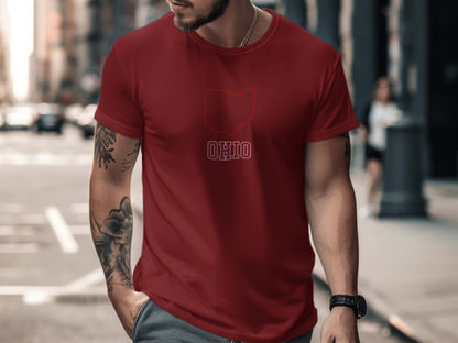 Red t-shirt with white "OHIO" text and state outline.