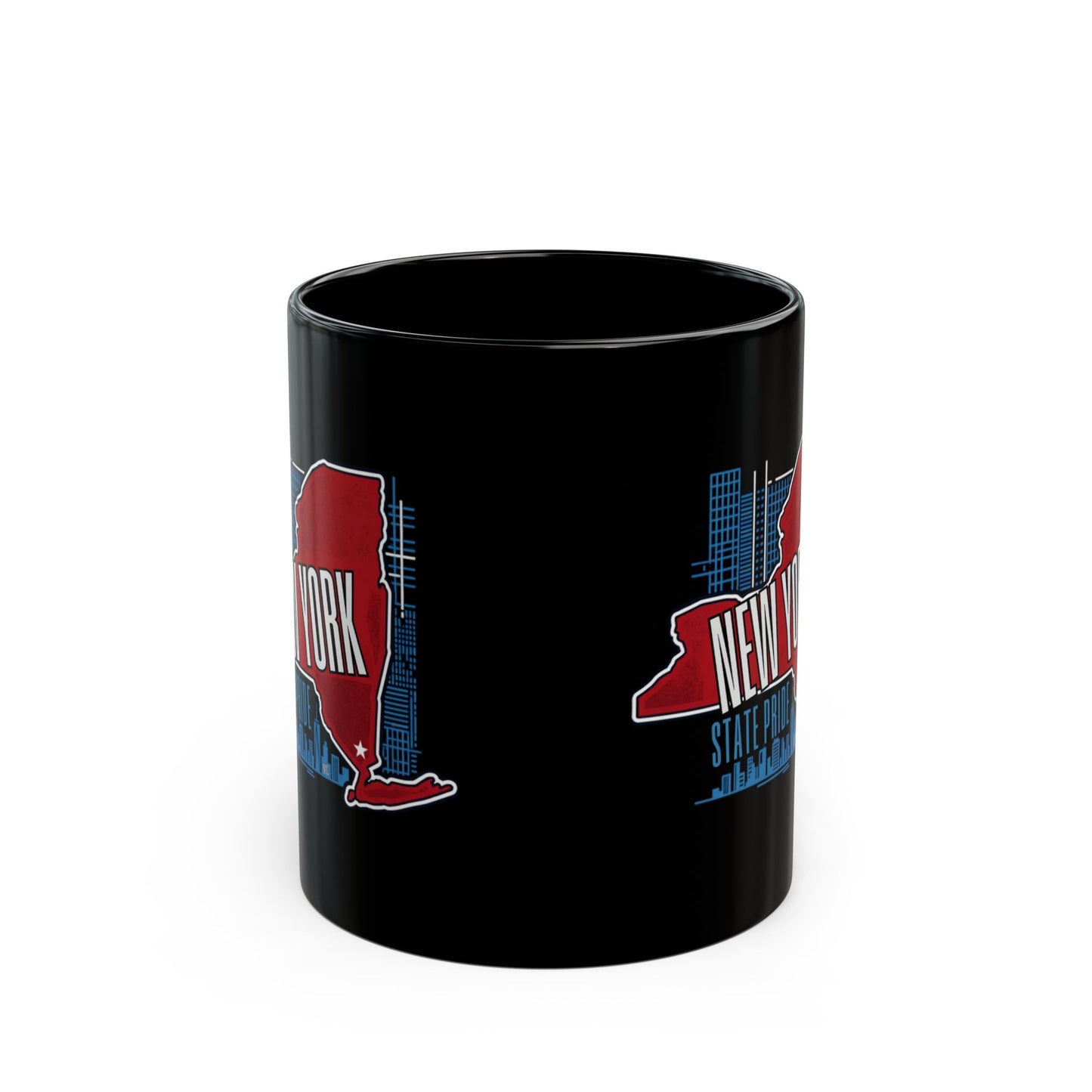 Black mug with New York state outline and text.