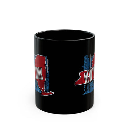 Black mug with New York state outline and text.