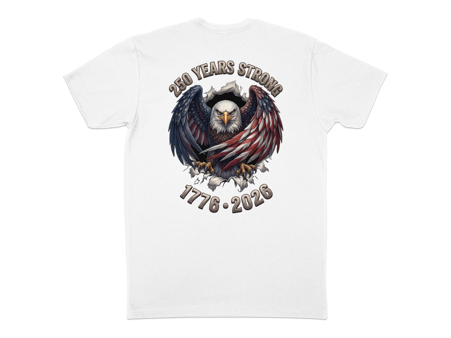 Eagle with American flag wings, text "250 YEARS STRONG 1776-2026".