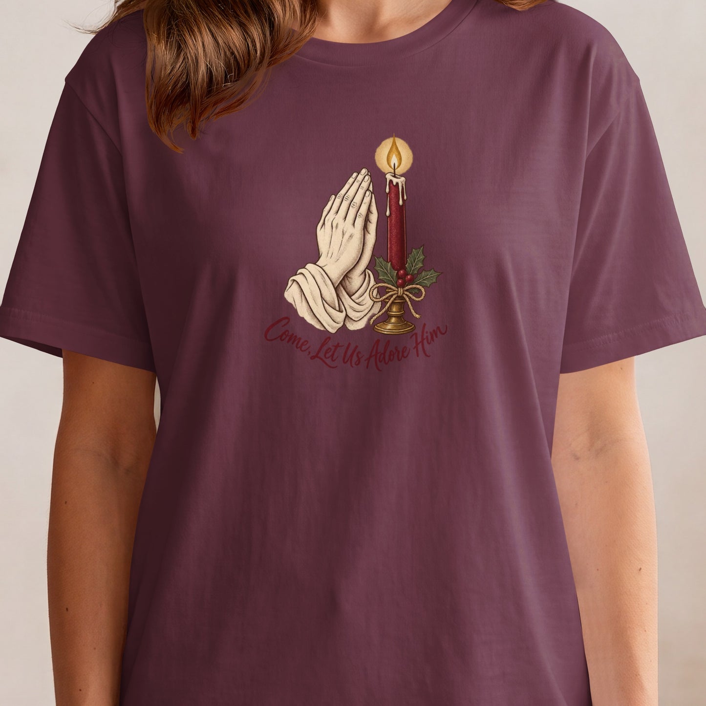 Praying hands and a lit candle with "Come, Let Us Adore Him" text.
