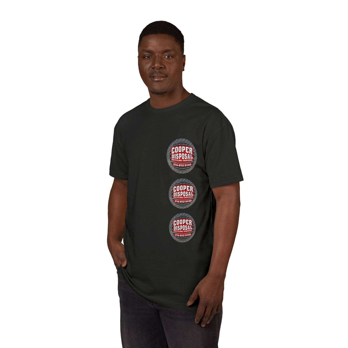 Black t-shirt with three stacked circular logos for Cooper Disposal.