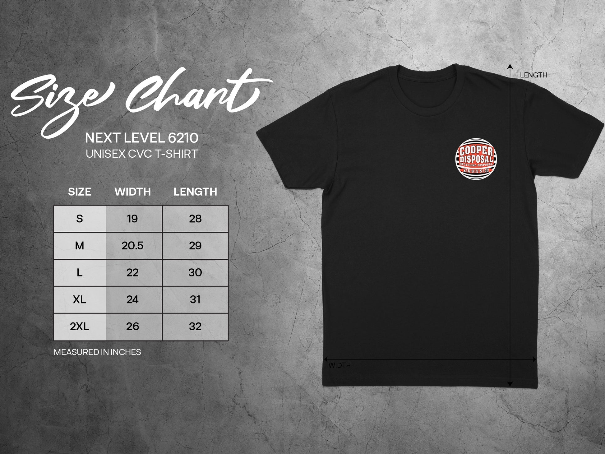 Cooper Disposal t-shirt size chart with dimensions for size, width, and length.