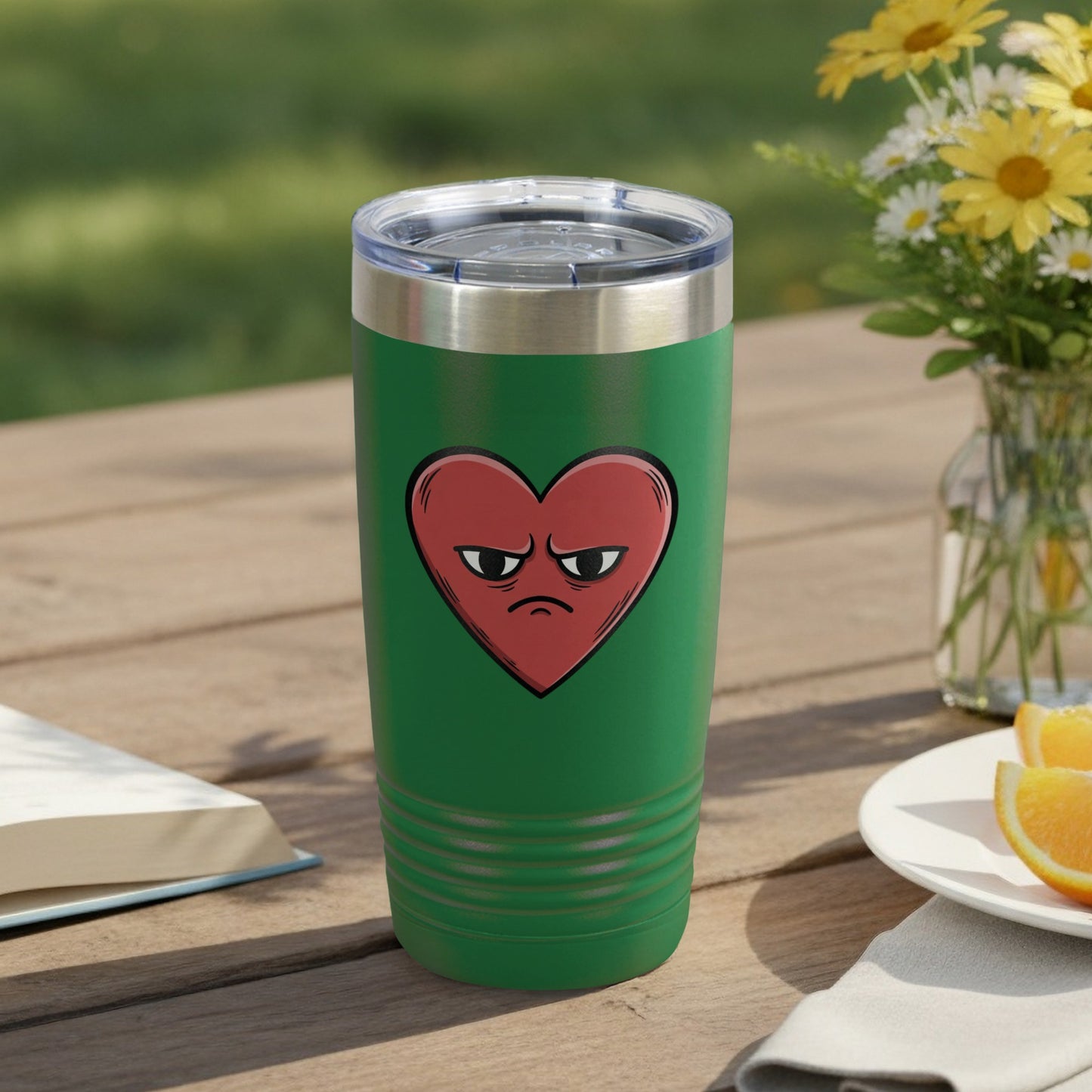 Green Tumbler with Angry Heart Design Travel Mug
