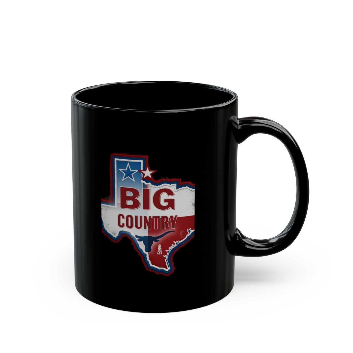 Black mug with Texas-shaped graphic featuring "Big Country" text and oil derrick.