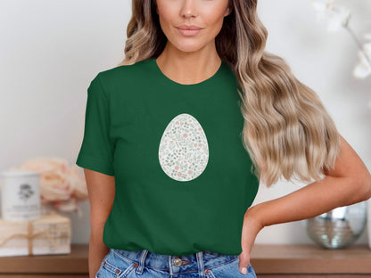 Green T-shirt with Floral Egg Pattern Graphic Tee