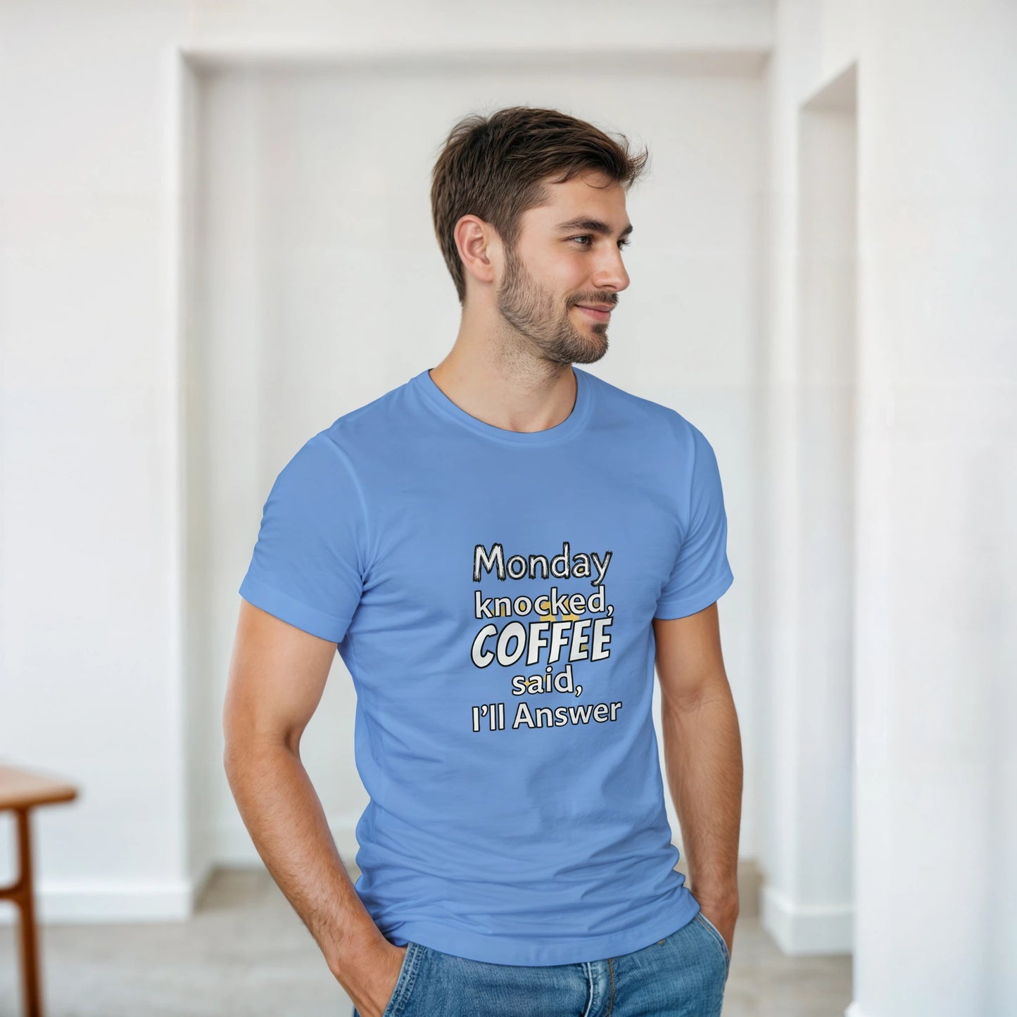 Monday Knocked, Coffee Answered on a Heavyweight Caffeine Lover T on a Shirt