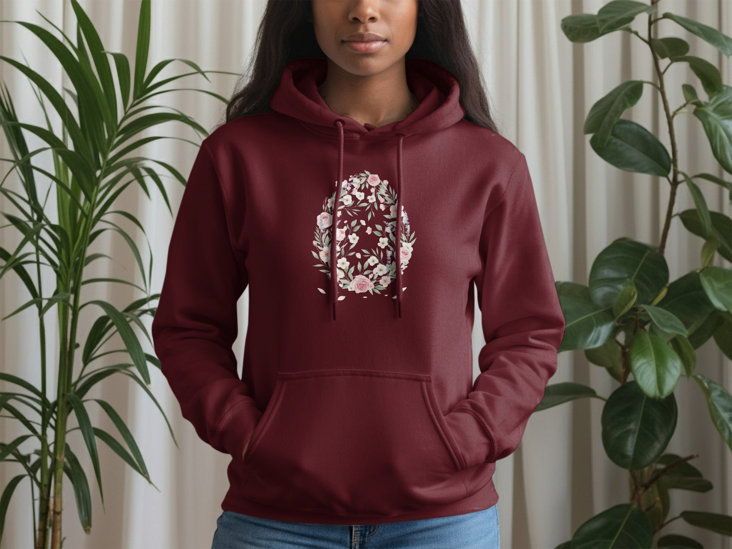 Floral Design Maroon Hoodie with Flower Bouquet Graphic