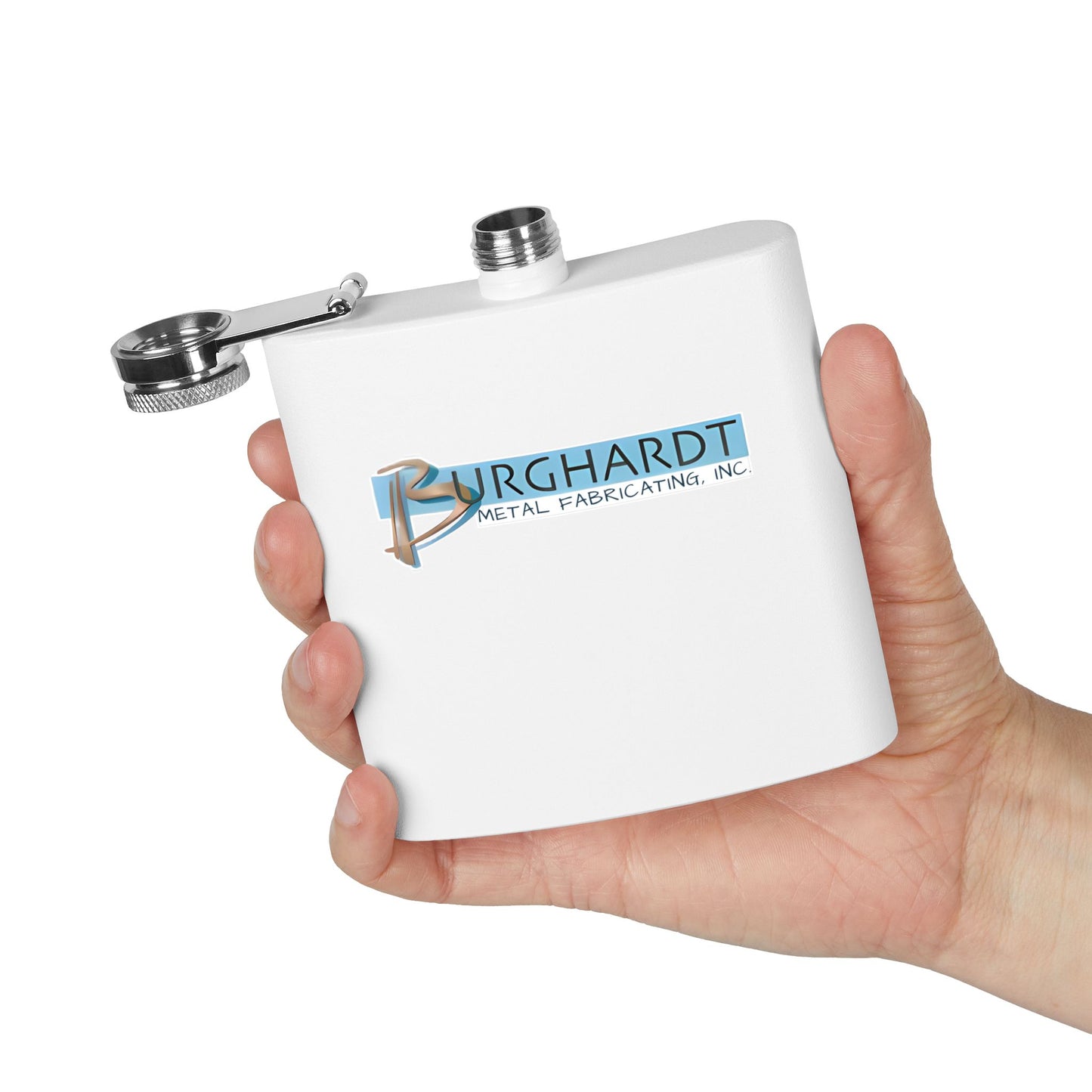 Burghardt Metal Fabricating, Inc., logo on a 6oz Stainless Steel Flask