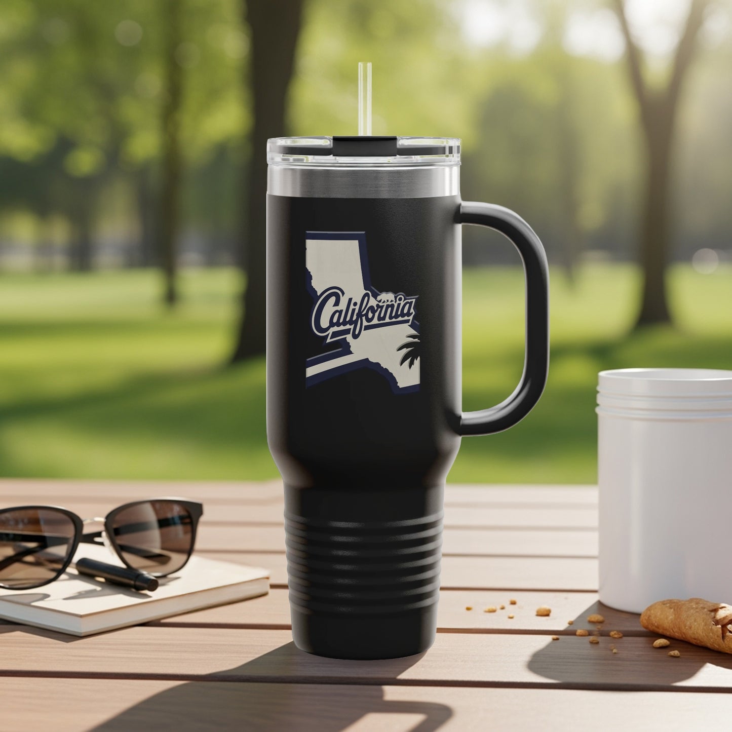 Travel tumbler with California map and cities illustration.