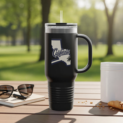 Travel tumbler with California map and cities illustration.