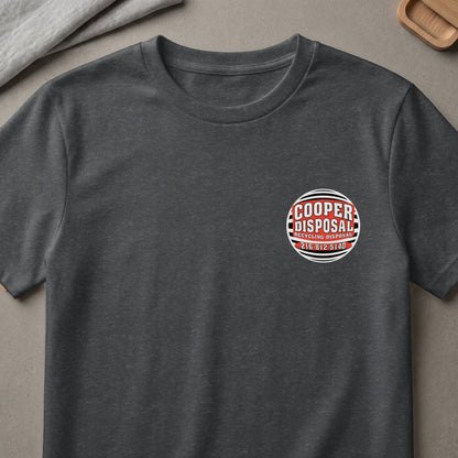 Dark t-shirt with "Cooper Disposal Recycling Disposal" logo on the left chest.