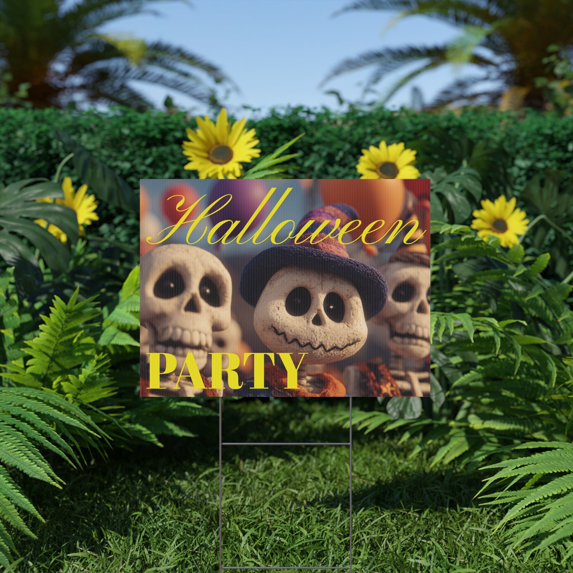 Halloween-themed party sign with cartoon characters on a grassy lawn