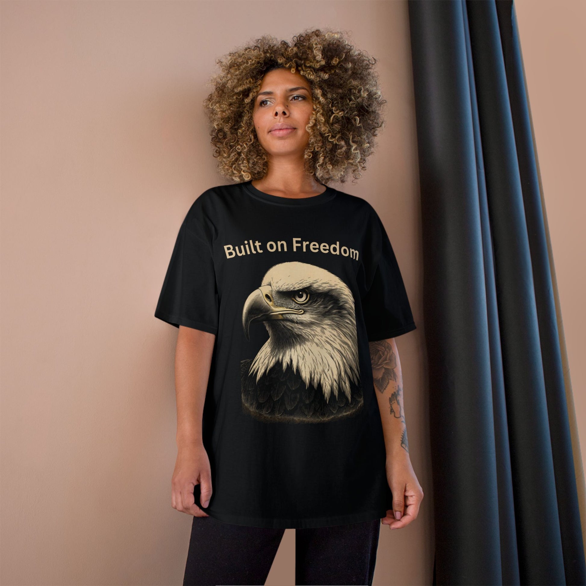 Engraved Eagle - Built on Freedom - text on the top of a Champion Tee