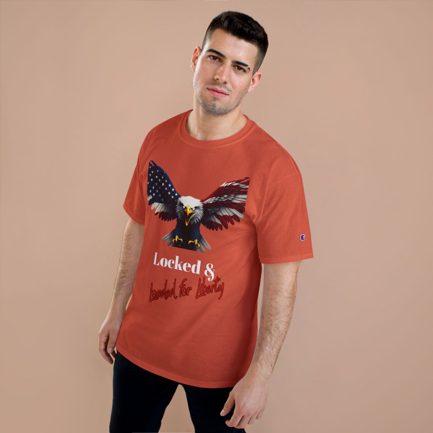 Locked & Loaded For Liberty Patriotic Eagle on a Champion T-shirt