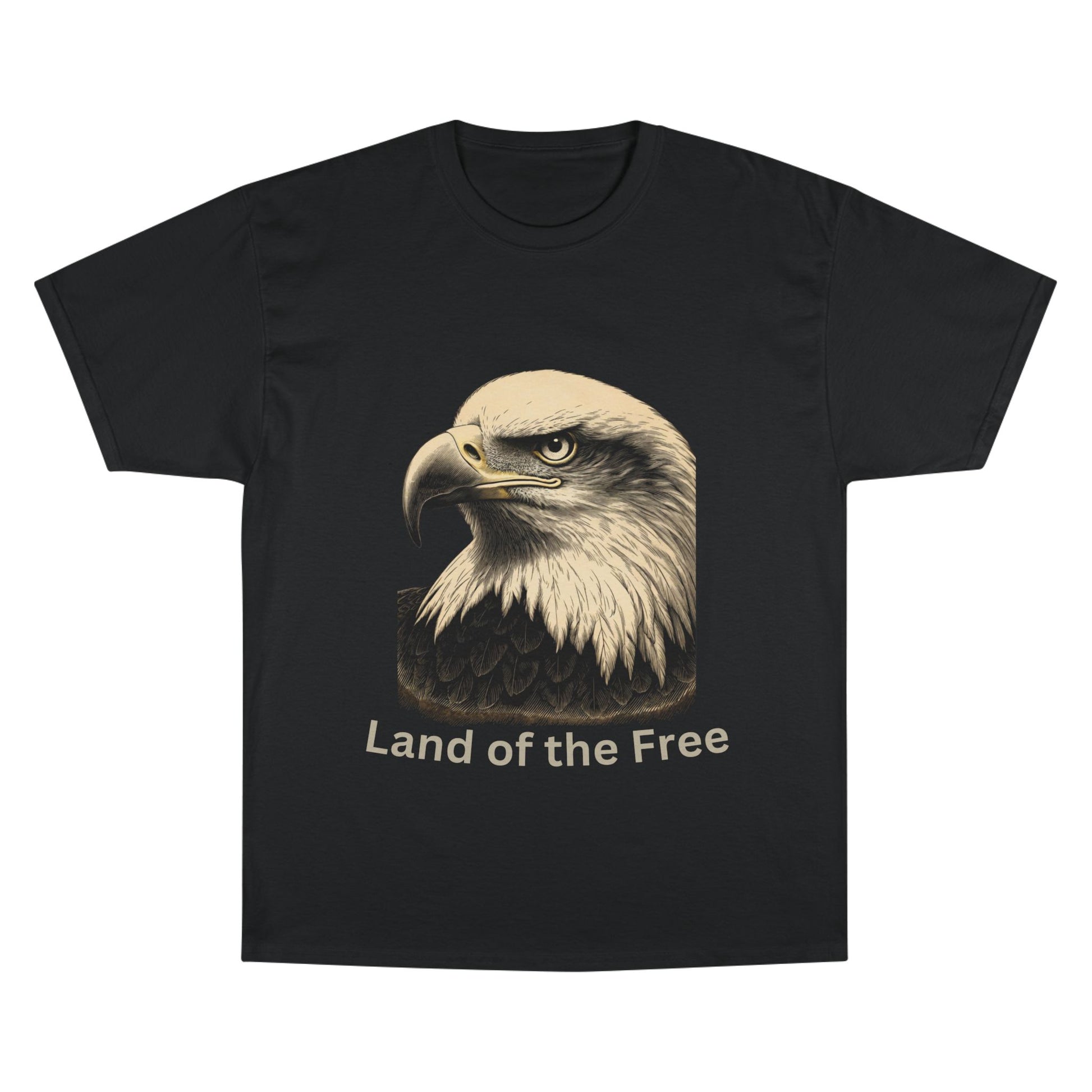 Engraved Eagle - Land of the Free - text on the bottom of a Champion Tee