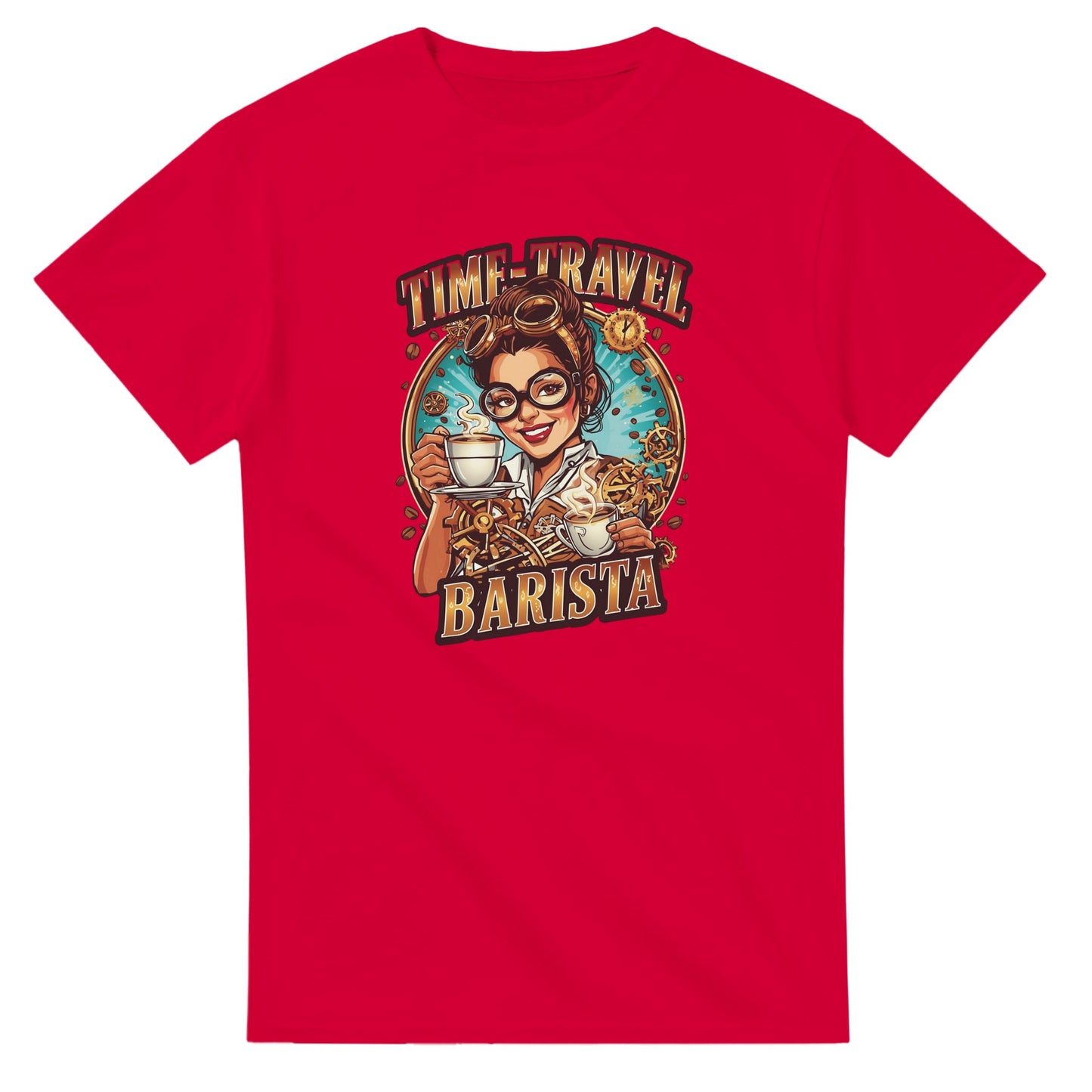 Time-Travel Barista graphic design on a Heavyweight T-shirt