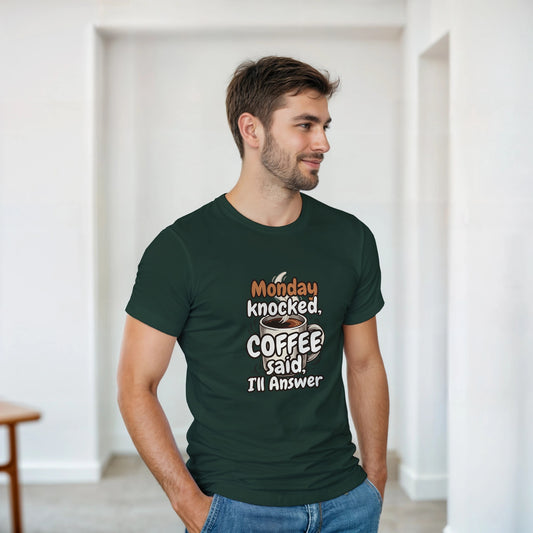 Monday Knocked, Coffee Answered on a Heavyweight T on a Shirt