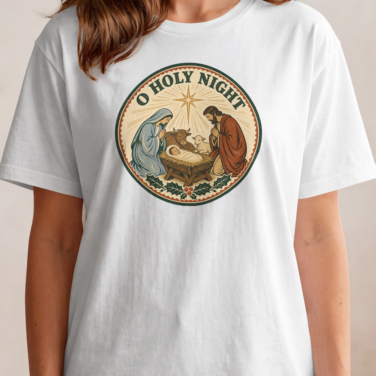 Nativity scene with Mary, Joseph, baby Jesus, cow, and sheep, text O HOLY NIGHT.