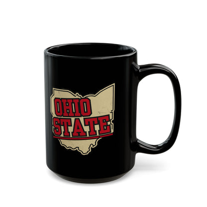 Black ceramic mug with Ohio outline and text.