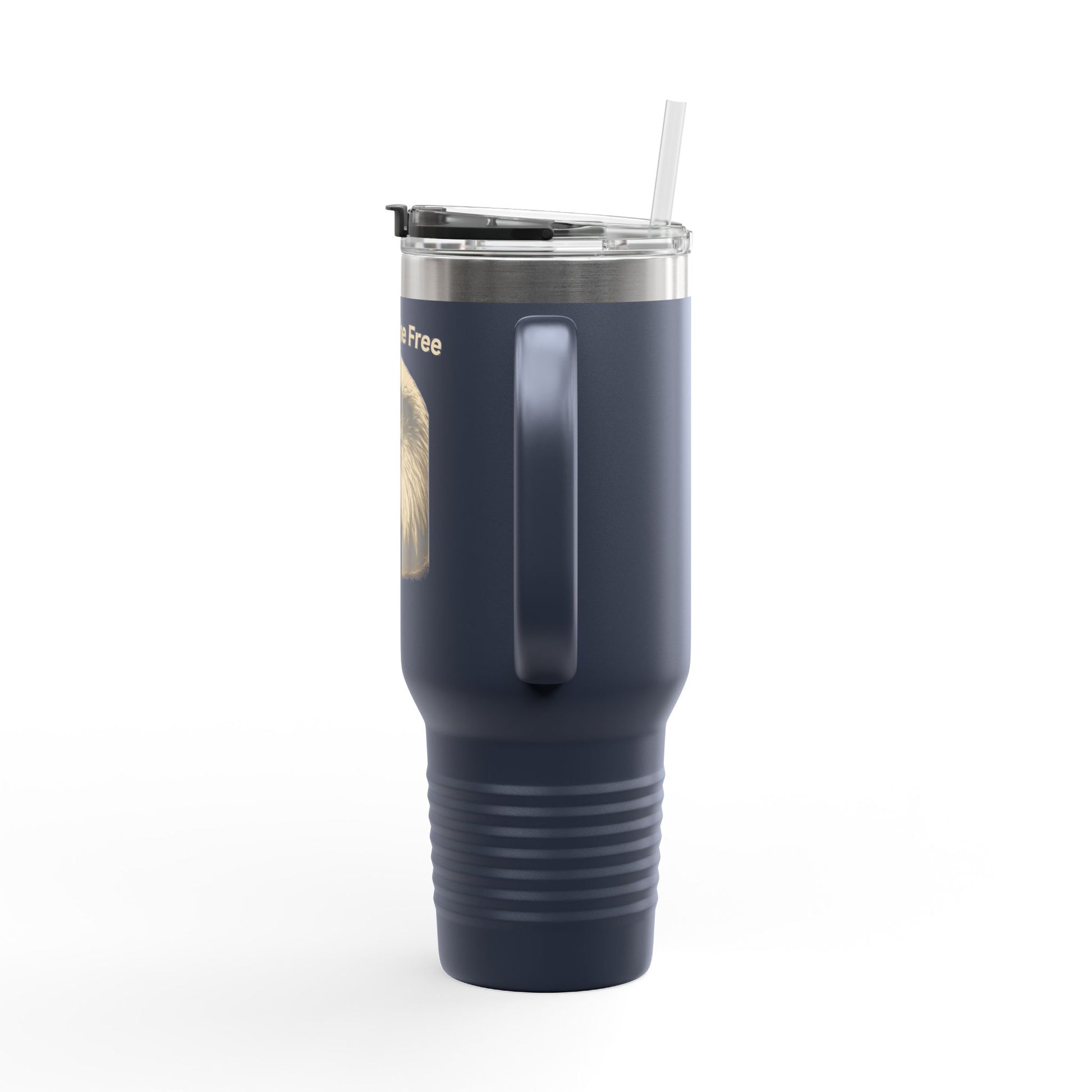 Land of the Free text on the top of a  40oz Insulated Travel Mug