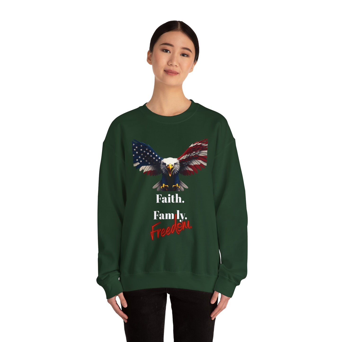 Faith. Family. Freedom Patriotic Eagle text on a Crewneck Sweatshirt