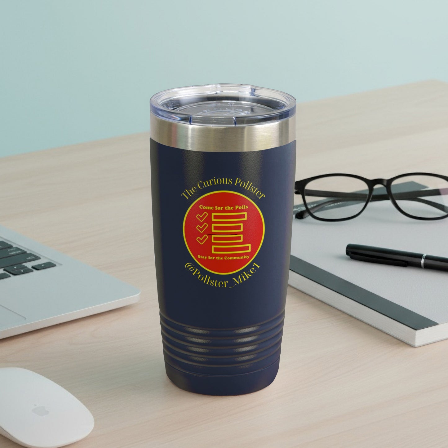 Navy tumbler with "The Curious Pollster" logo and text.