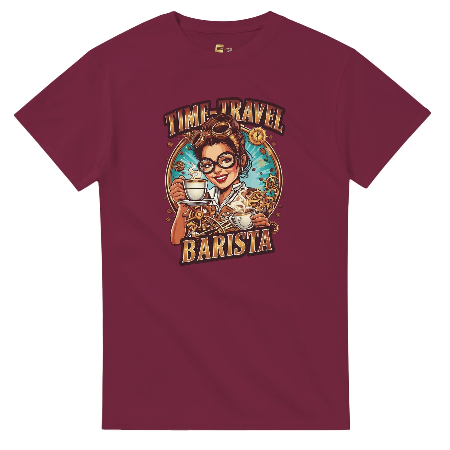 Time-Travel Barista graphic design on a Heavyweight T-shirt