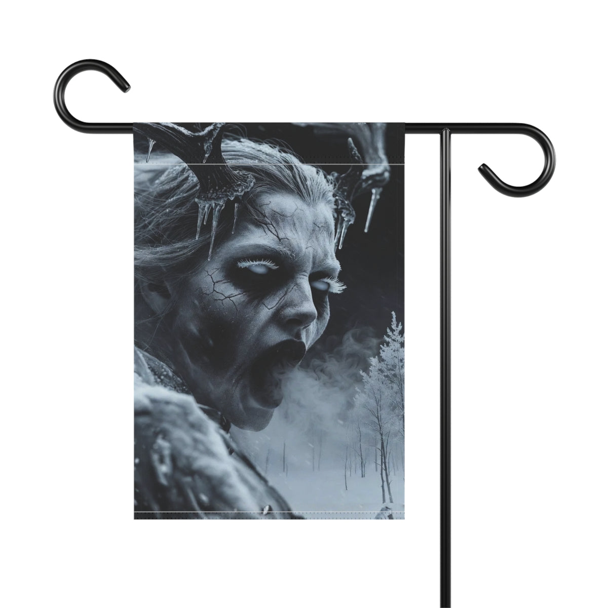 Black and white flag with monster's face, ice, and snowy forest.