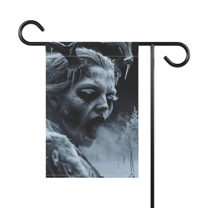 Black and white flag with monster's face, ice, and snowy forest.
