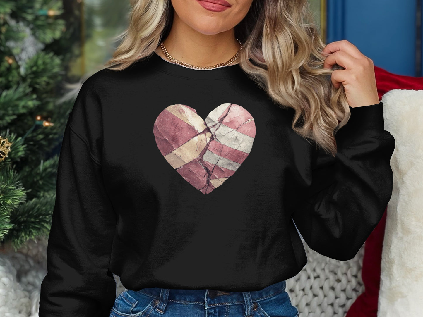 Vintage American Flag Heart Pullover Black Sweatshirt