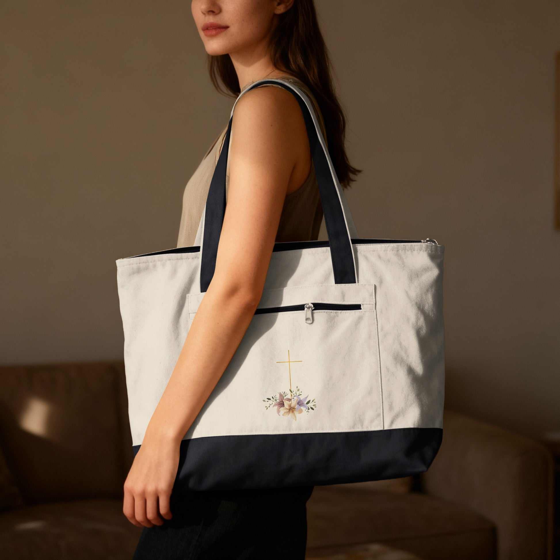 Off-white dark blue tote golden cross floral zippered product type