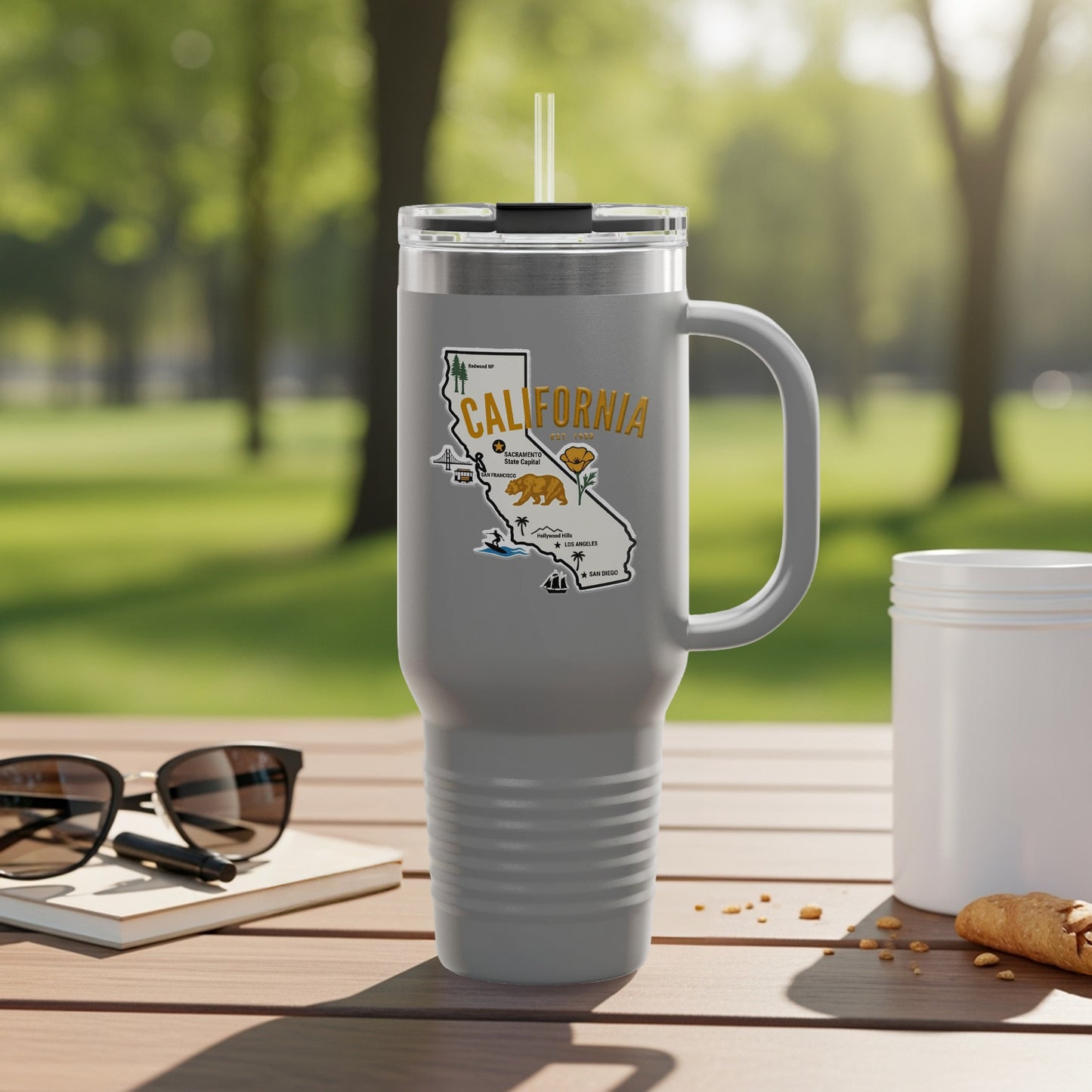 Travel tumbler with California map and cities illustration.