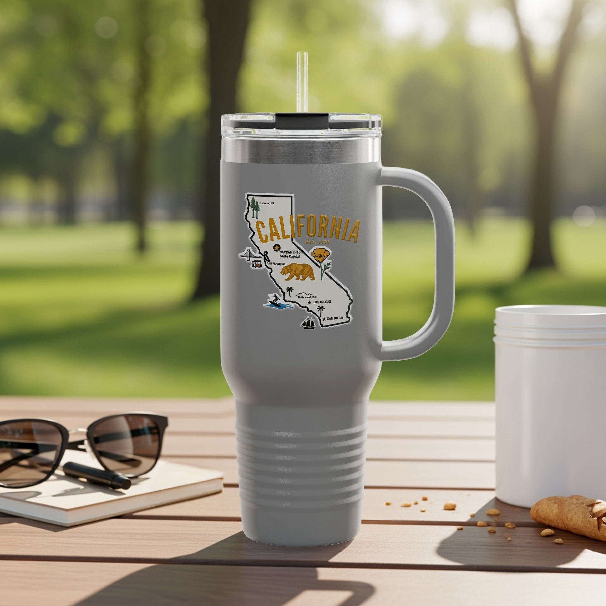 Travel tumbler with California map and cities illustration.