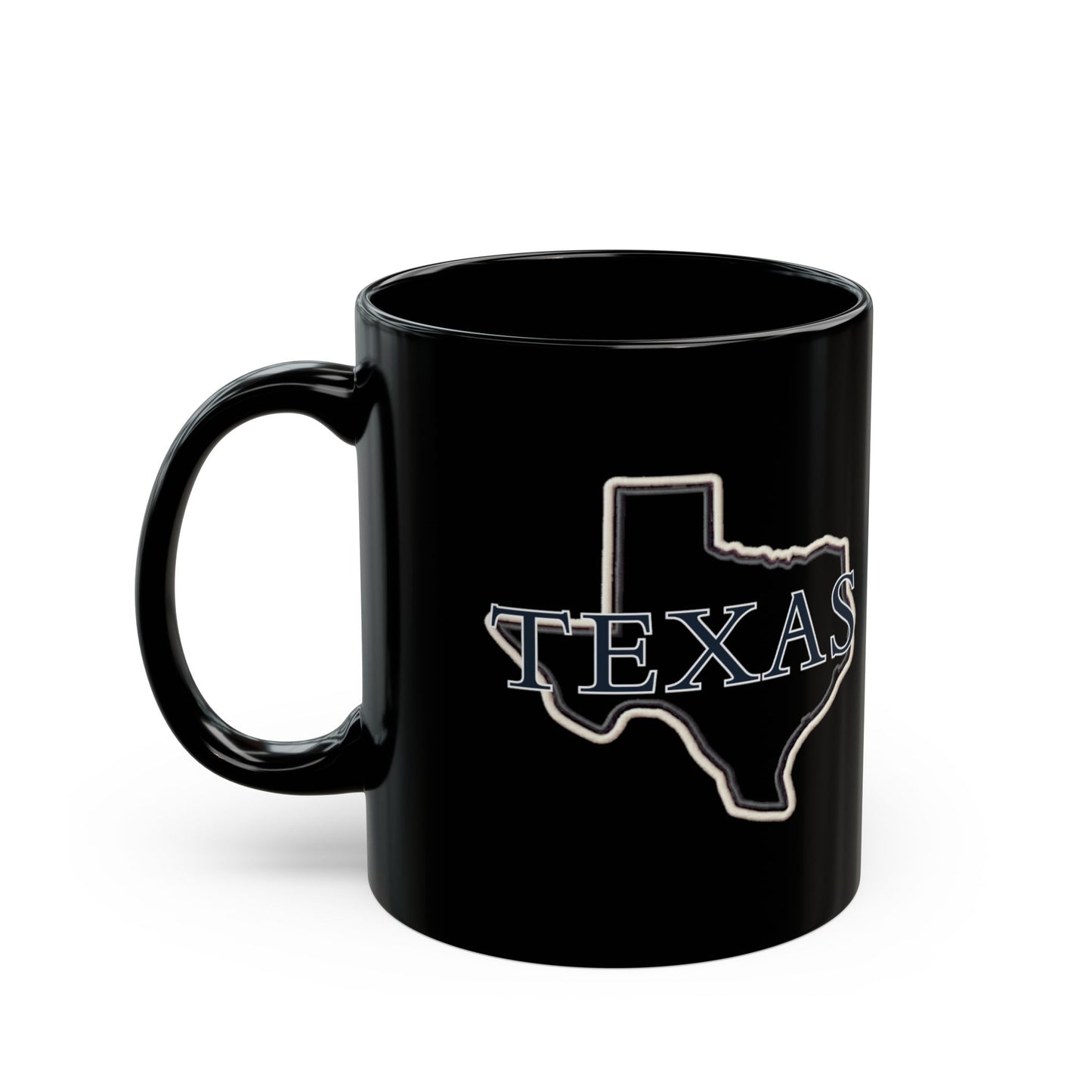 Black mug with a white outline of Texas and the word "TEXAS" inside.