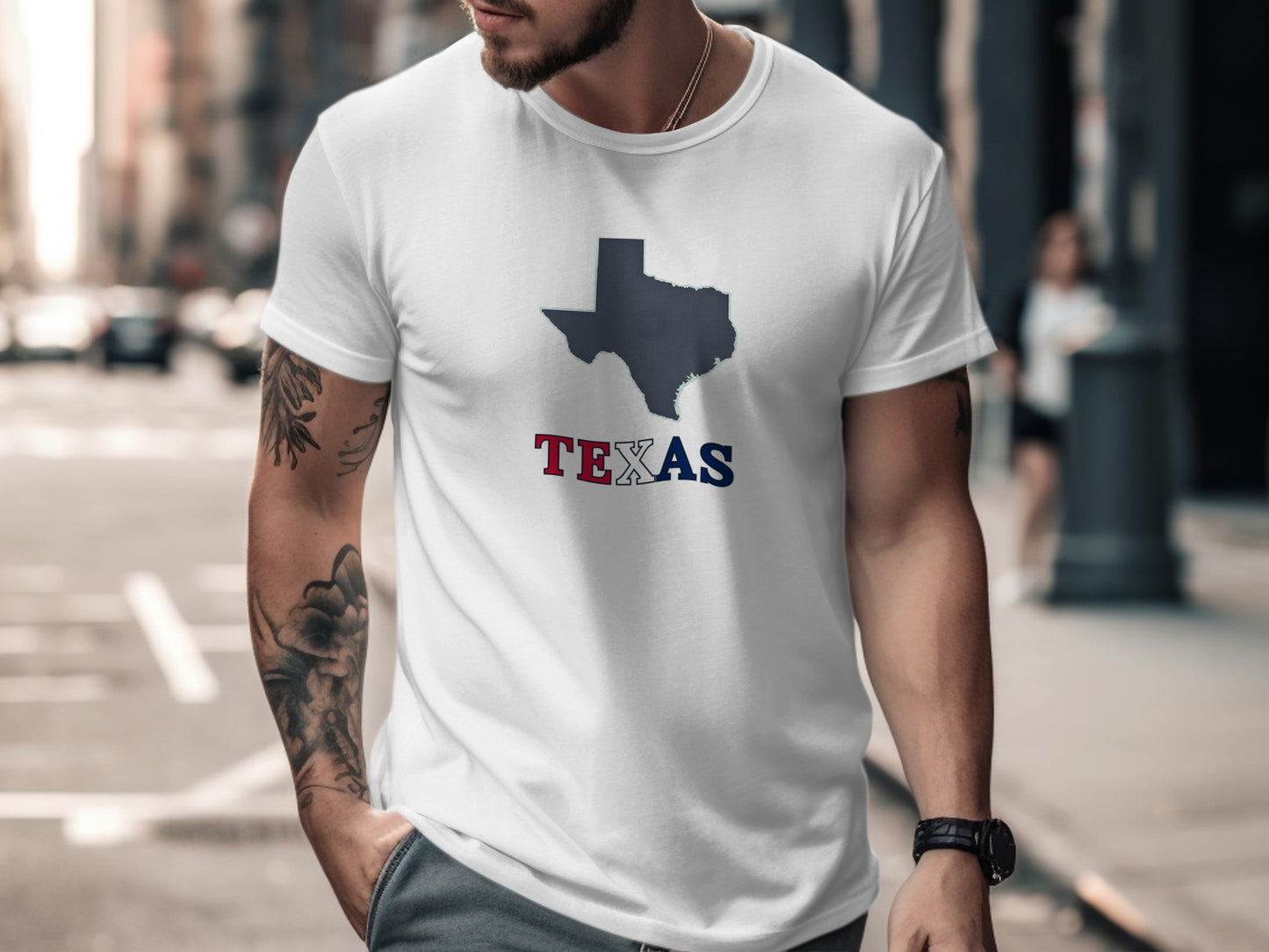 White t-shirt with a Texas outline filled with red and blue, and the word "TEXAS".
