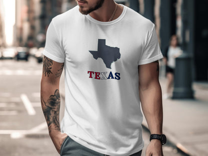 White t-shirt with a Texas outline filled with red and blue, and the word "TEXAS".
