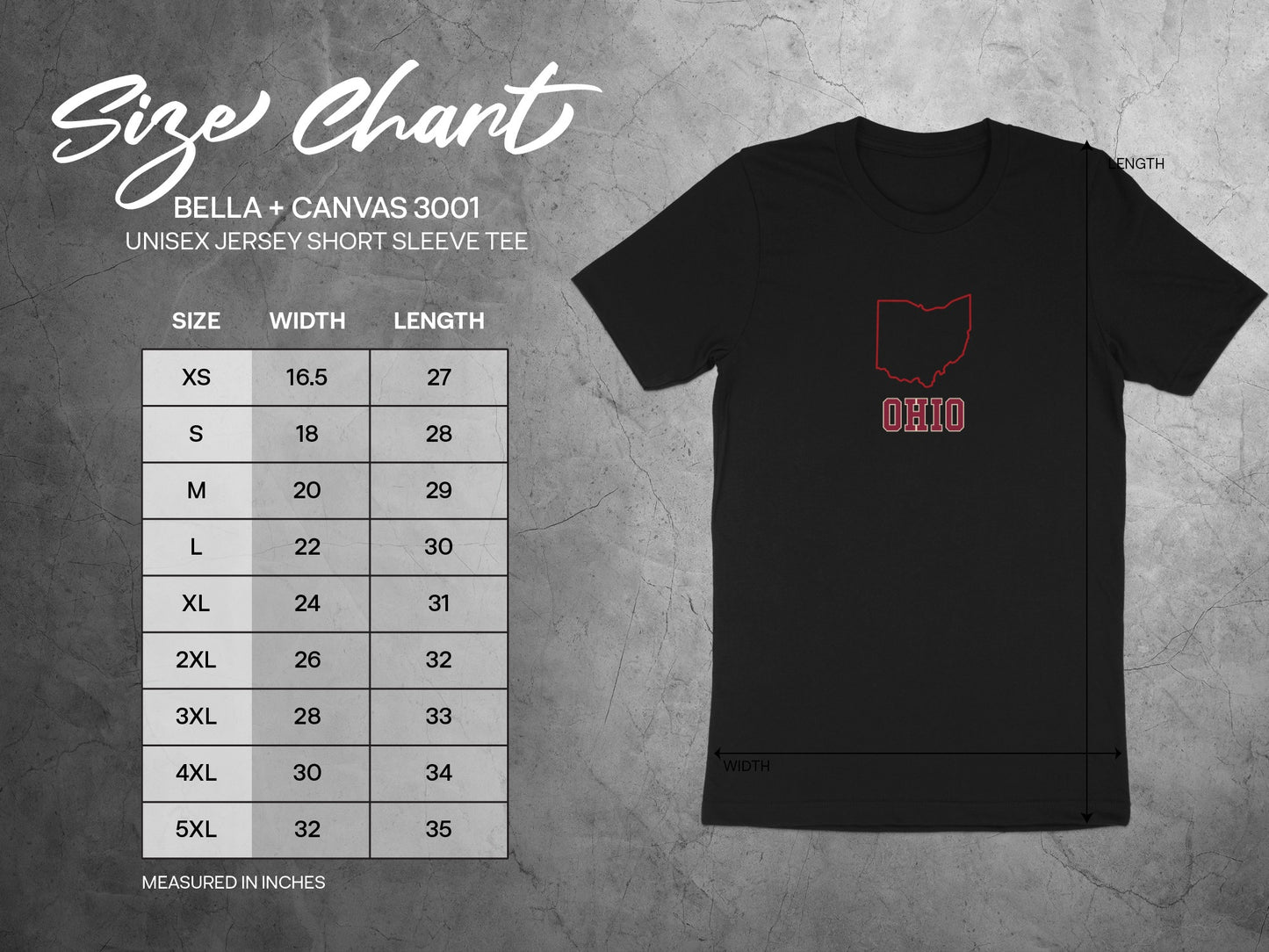 Bella+Canvas 3001 unisex t-shirt size chart with measurements for width and length.