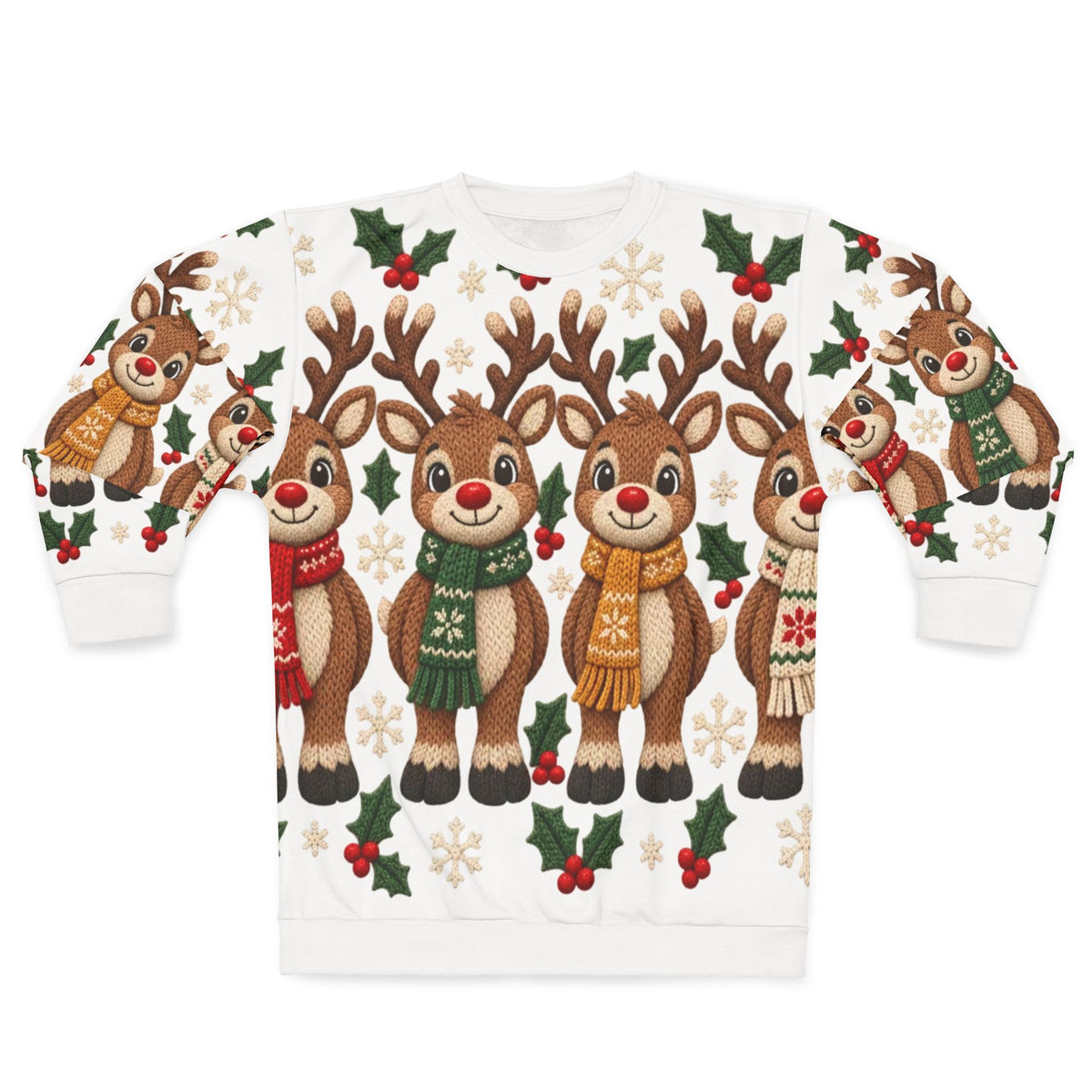 White sweater with cartoon reindeer, holly, and snowflakes pattern.