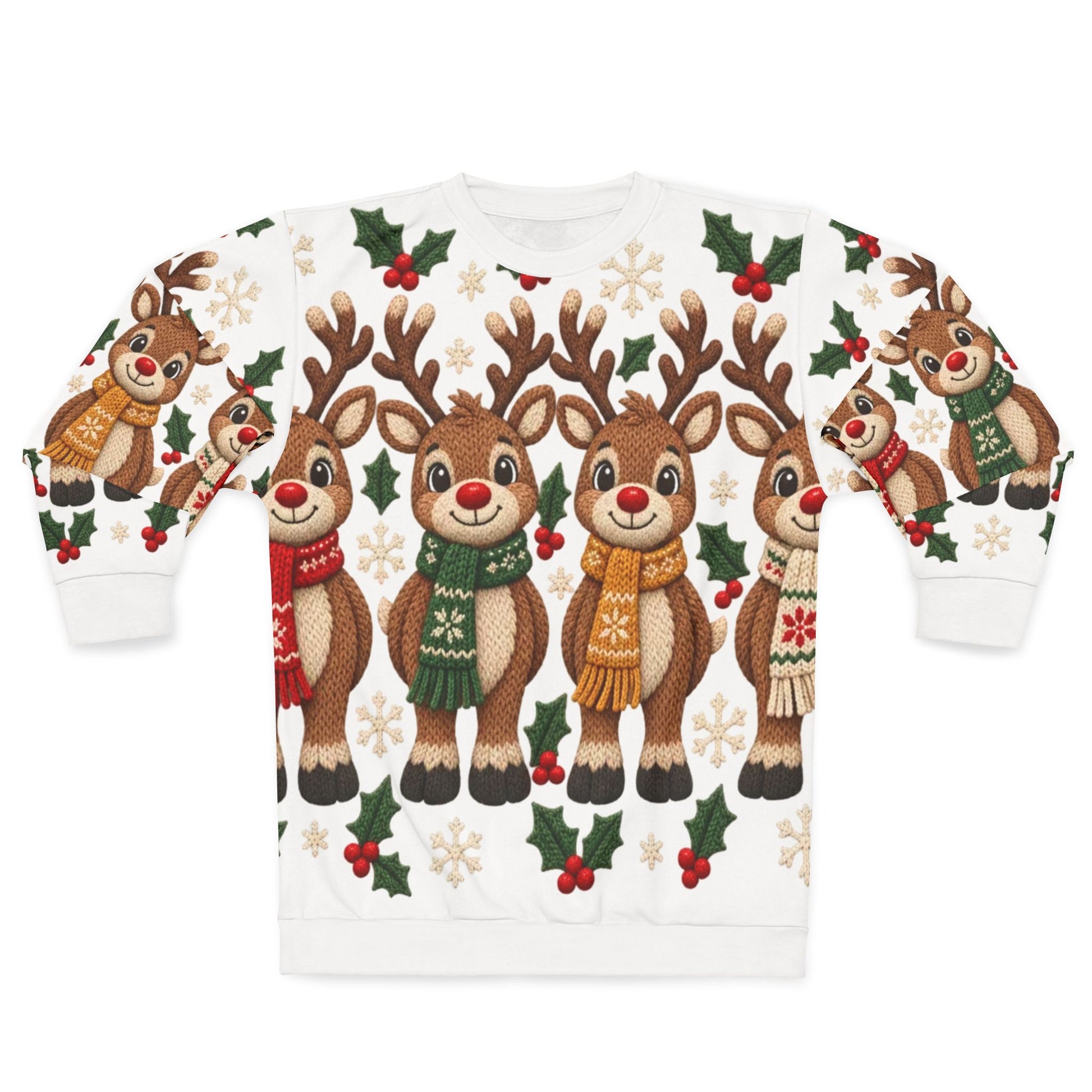 White sweater with cartoon reindeer, holly, and snowflakes pattern.