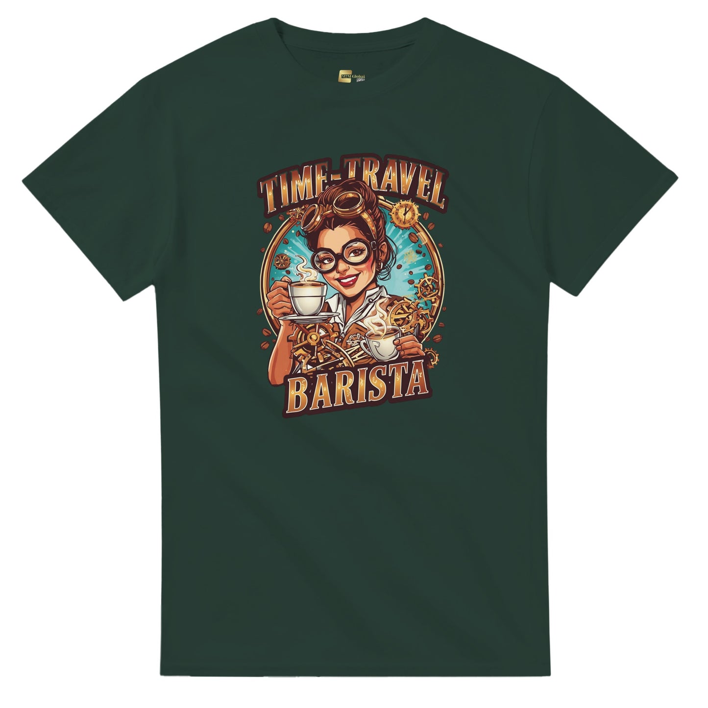 Time-Travel Barista graphic design on a Heavyweight T-shirt
