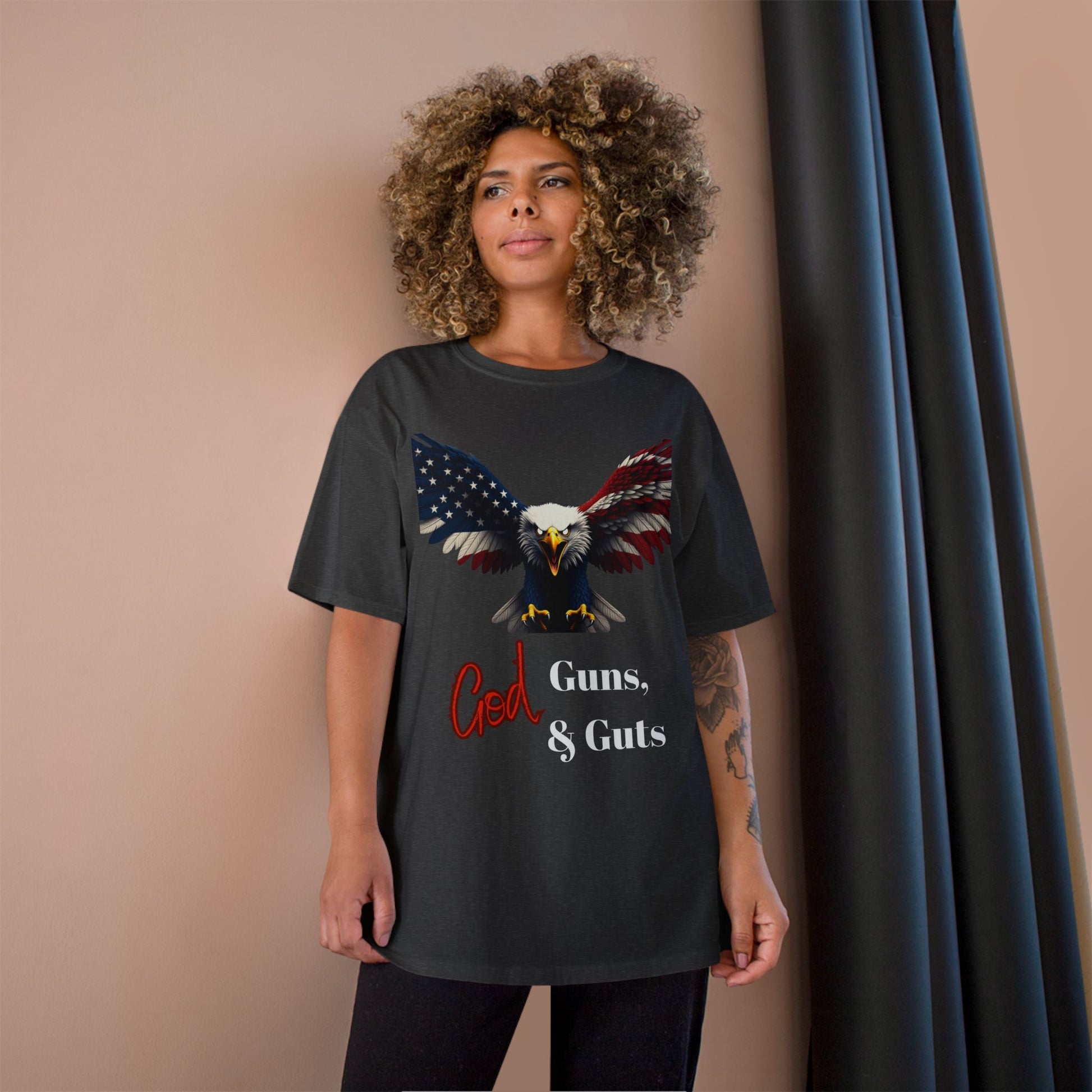 God Guns & Guts Patriotic Eagle on a Champion T-shirt