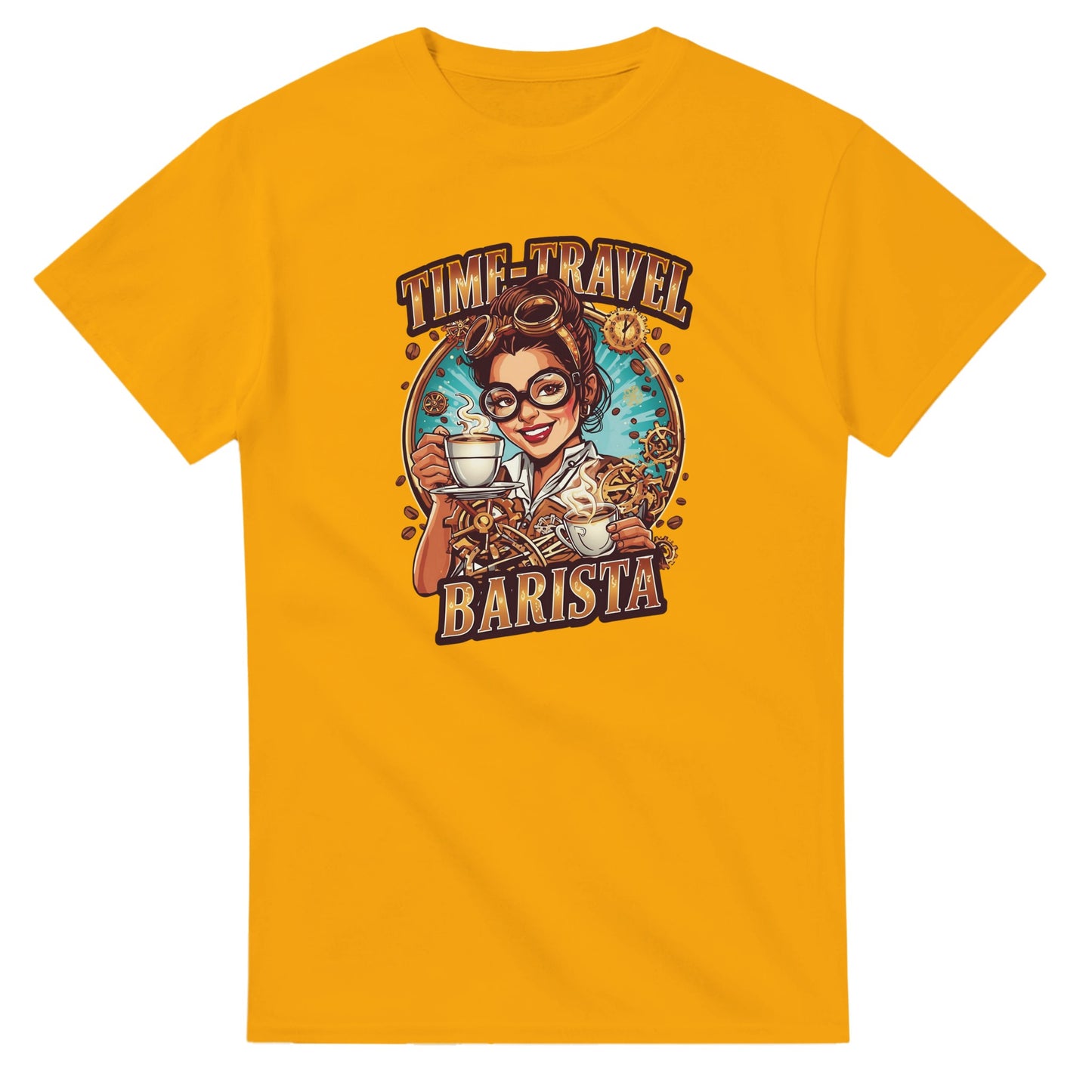 Time-Travel Barista graphic design on a Heavyweight T-shirt